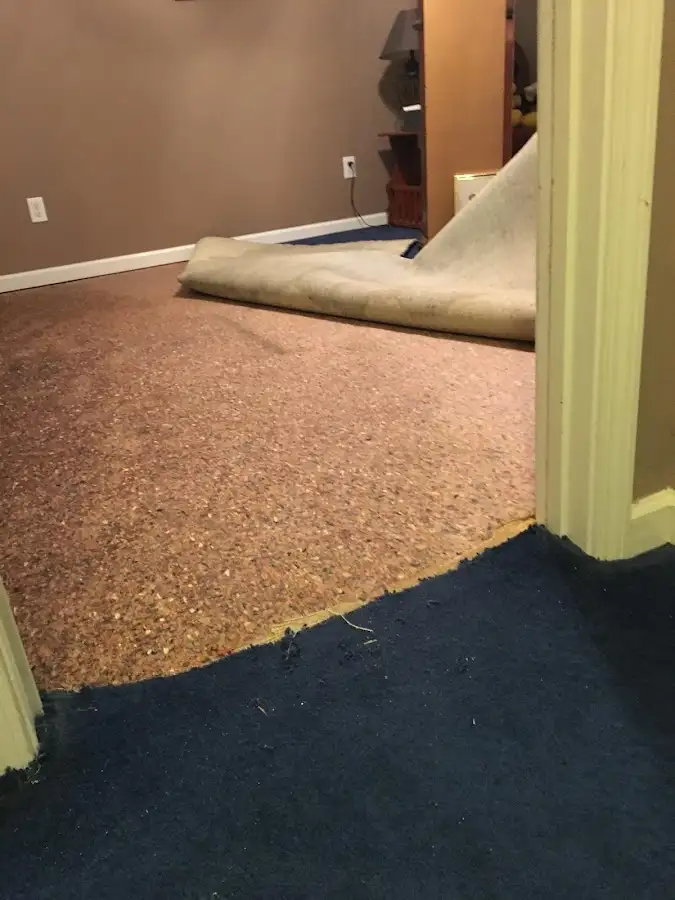 Carpet pad removal revealing water damage during Water Mitigation Services in Putnam Valley